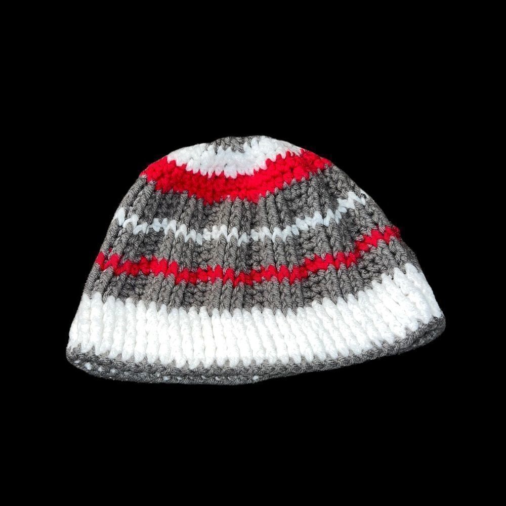 Handmade‎ child’s knit stocking cap in Ohio State University’s Scarlet and Grey